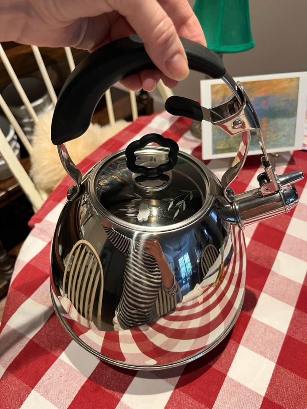 Princess House Stainless Steel Tea Kettle with Black Handle and Floral Lid